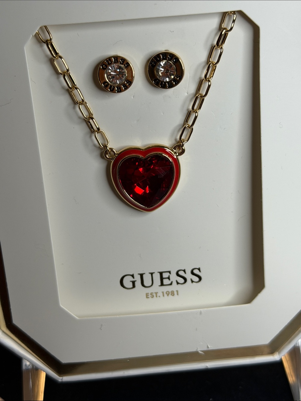 GUESS Gold-Tone Necklace with Red Heart Pendant and Crystal Studs